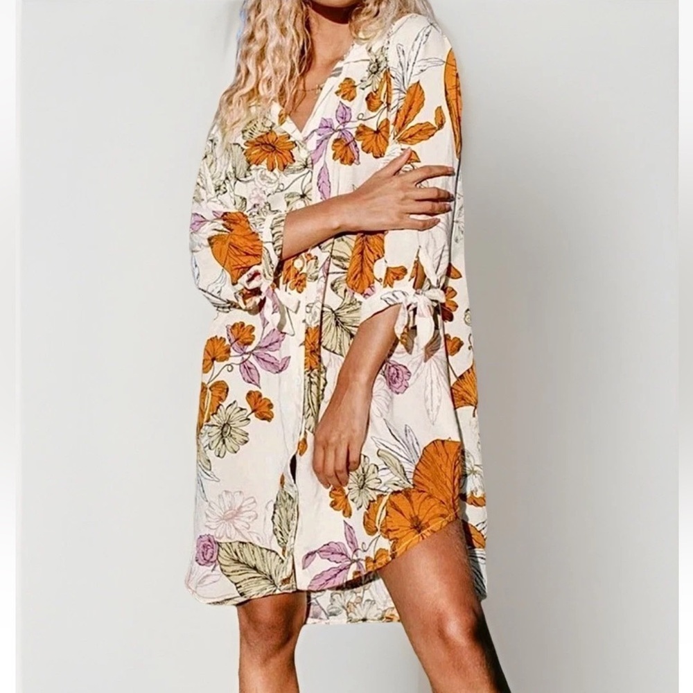 Cupshe Woman's Sz S Oaklyn Tie Sleeve Button Up Shirt Dress Floral Beachy